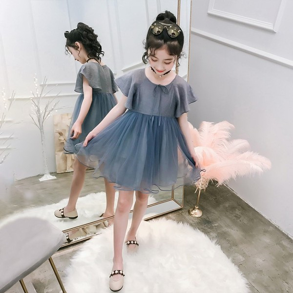 Rochie moderna pentru copii in doua culori cu maneci scurte si tul