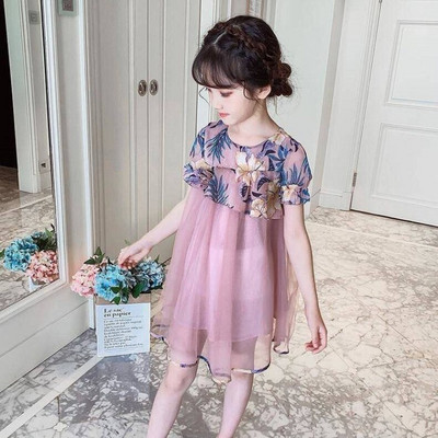 Стилна детска рокля с флорални мотиви-в розов цвят 