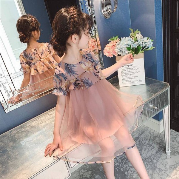 Rochie eleganta pentru copii cu motive florale - in roz