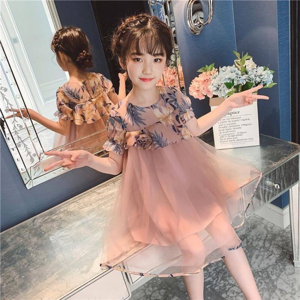 Rochie eleganta pentru copii cu motive florale - in roz