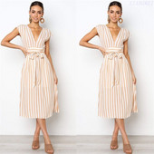 Дамска раирана рокля с V-образно деколте в два цвята