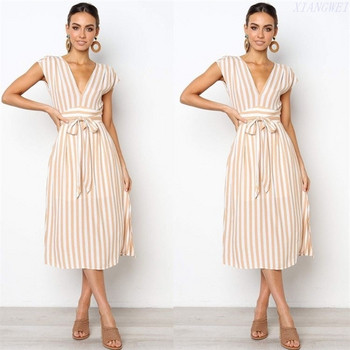 Дамска раирана рокля с V-образно деколте в два цвята