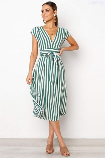 Дамска раирана рокля с V-образно деколте в два цвята