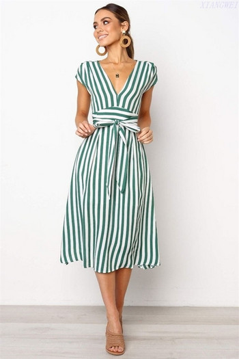 Дамска раирана рокля с V-образно деколте в два цвята