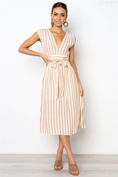 Дамска раирана рокля с V-образно деколте в два цвята