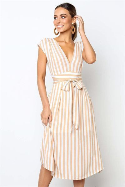 Дамска раирана рокля с V-образно деколте в два цвята