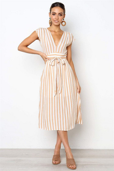 Дамска раирана рокля с V-образно деколте в два цвята