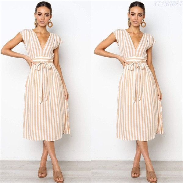 Дамска раирана рокля с V-образно деколте в два цвята