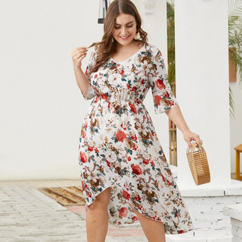 Ежедневна дамска рокля с 3/4 ръкав и флорален десен асиметричен модел