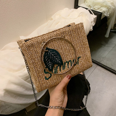 Geanta dama de vara cu manere metalice si inscription in doua culori