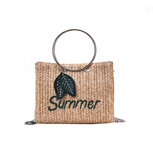 Geanta dama de vara cu manere metalice si inscription in doua culori