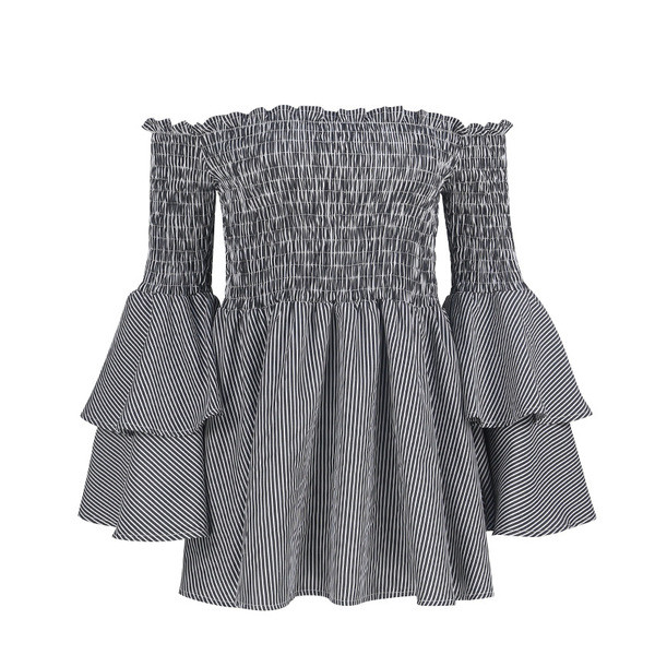 Női csíkos ruha lótusz ujjal