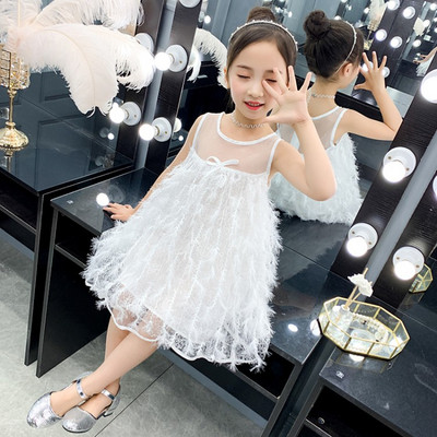 Детска модерна рокля с О-образно деколте в бял и син цвят