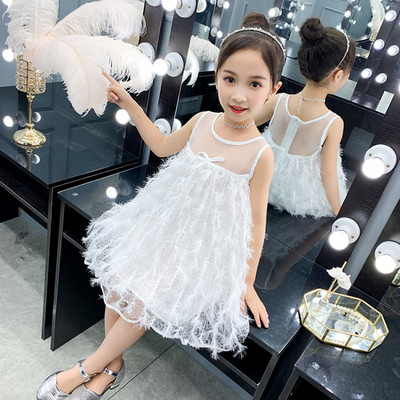 Rochie moderna pentru copii cu decolteu O in alb si albastru