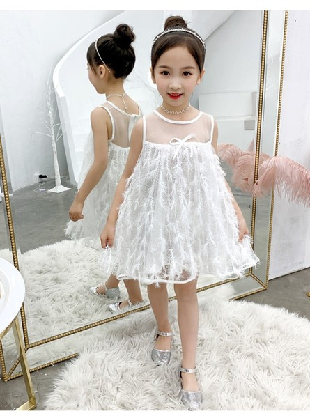 Rochie moderna pentru copii cu decolteu O in alb si albastru