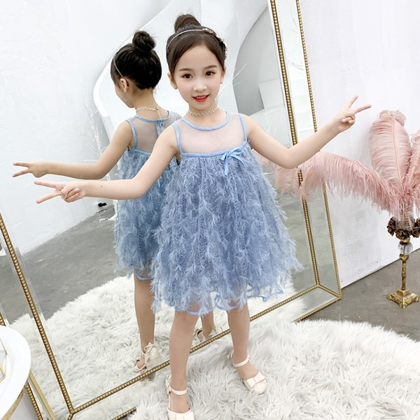 Rochie moderna pentru copii cu decolteu O in alb si albastru