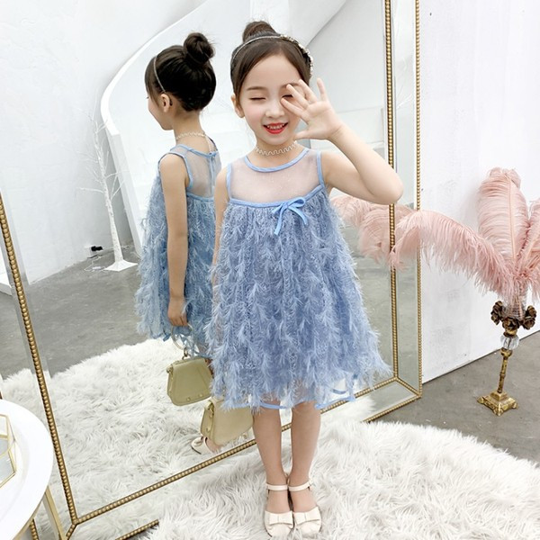 Rochie moderna pentru copii cu decolteu O in alb si albastru