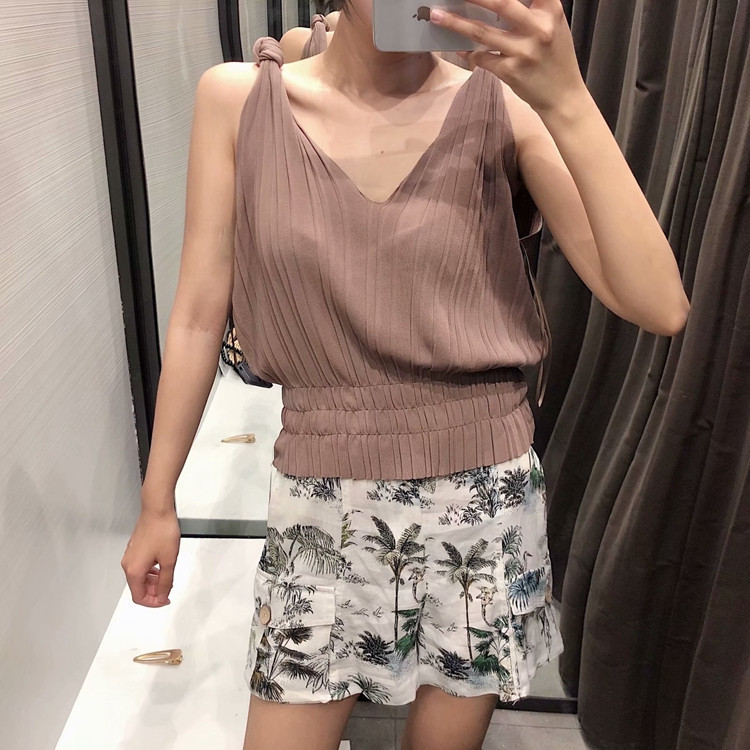 Top de damă cu bretele groase la nod și elastic în talie