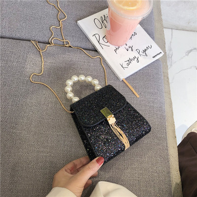 Geanta de dama mica eleganta cu efect stralucitor si perle in mai multe culori