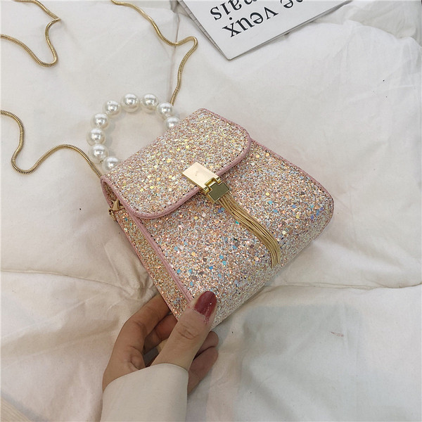 Geanta de dama mica eleganta cu efect stralucitor si perle in mai multe culori