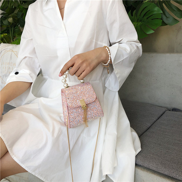 Geanta de dama mica eleganta cu efect stralucitor si perle in mai multe culori