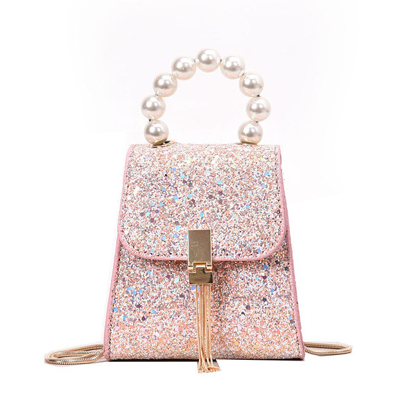 Geanta de dama mica eleganta cu efect stralucitor si perle in mai multe culori