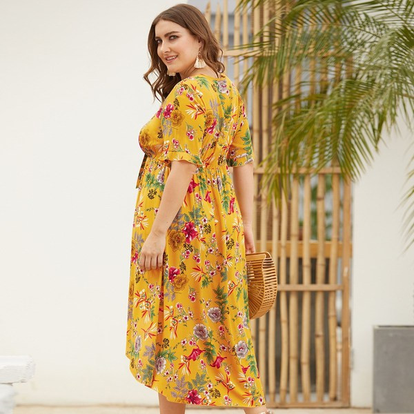 Stílusos női ruha aszimmetrikus modell virágmintával