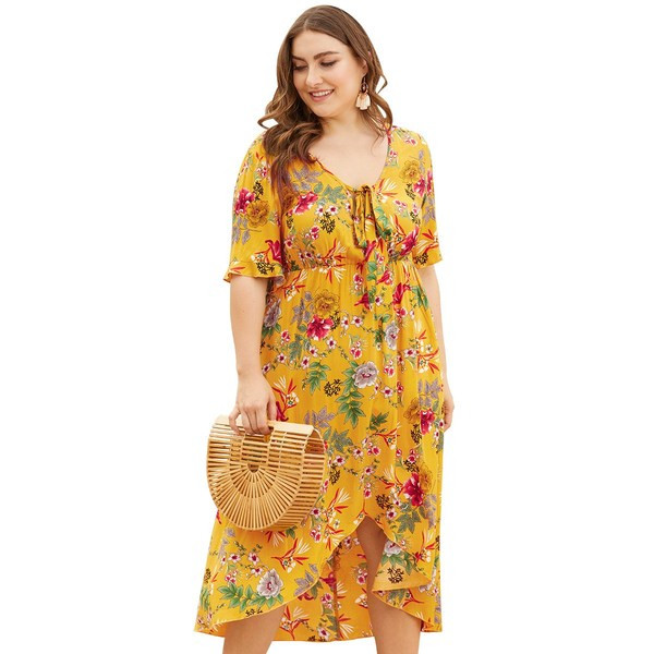 Stílusos női ruha aszimmetrikus modell virágmintával