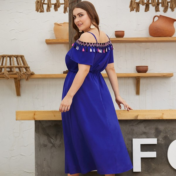 Rochie eleganta de dama cu ciucuri in albastru