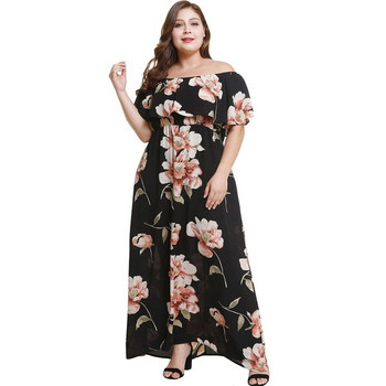 Rochie moderna de dama lunga cu maneci scurte in negru si rosu si model floral