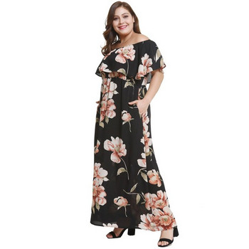 Rochie moderna de dama lunga cu maneci scurte in negru si rosu si model floral