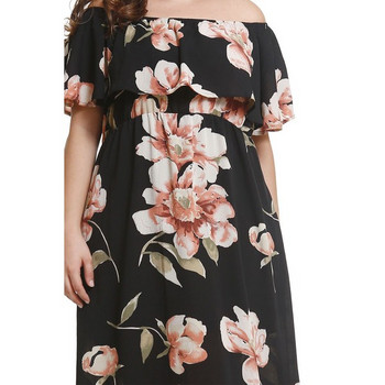 Rochie moderna de dama lunga cu maneci scurte in negru si rosu si model floral