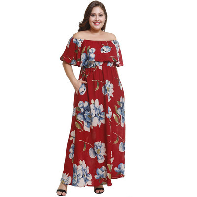 Rochie moderna de dama lunga cu maneci scurte in negru si rosu si model floral
