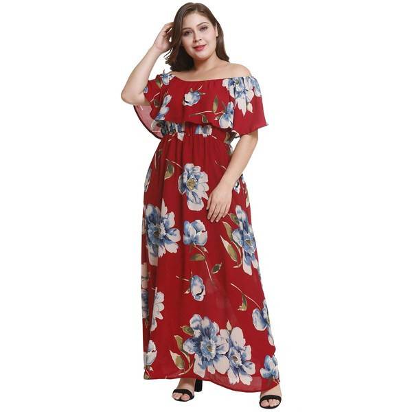 Rochie moderna de dama lunga cu maneci scurte in negru si rosu si model floral