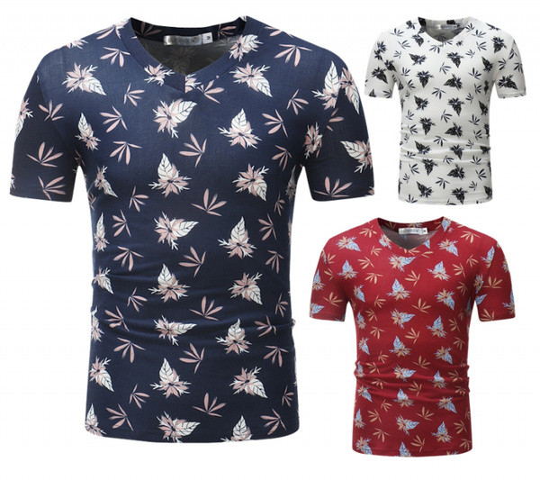 Tricou modern pentru bărbați cu decolteu în V în alb, roșu și albastru