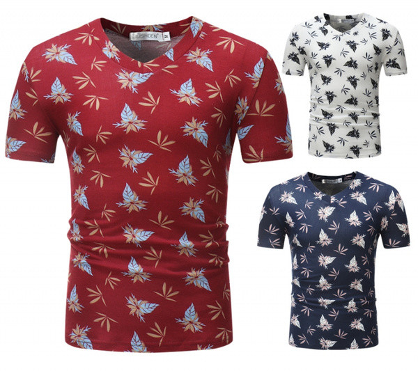 Tricou modern pentru bărbați cu decolteu în V în alb, roșu și albastru