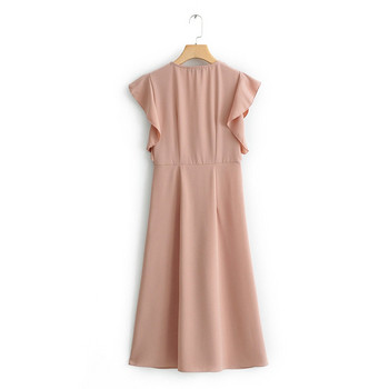 Rochie casual de dama cu decolteu in V si maneci scurte de culoare roz