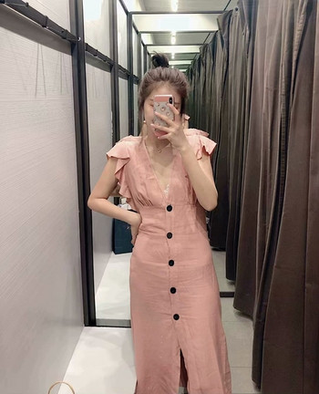 Rochie casual de dama cu decolteu in V si maneci scurte de culoare roz