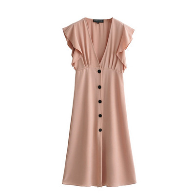 Rochie casual de dama cu decolteu in V si maneci scurte de culoare roz