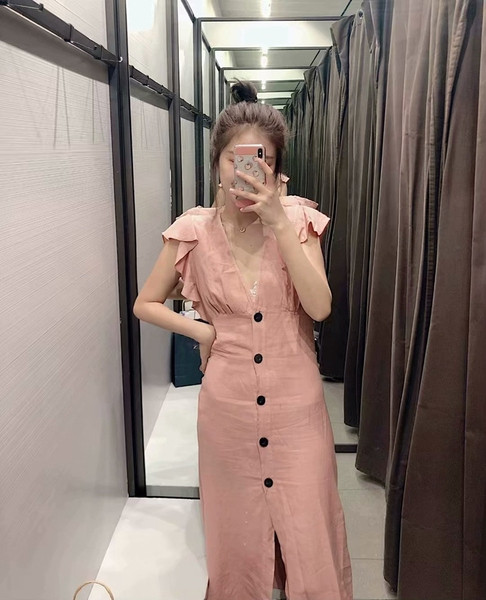 Rochie casual de dama cu decolteu in V si maneci scurte de culoare roz