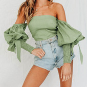 Bluză de damă modernă cu mâneci căzute și cravate în albastru și verde