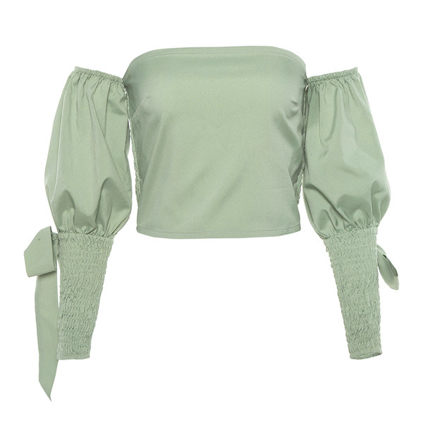 Bluză de damă modernă cu mâneci căzute și cravate în albastru și verde