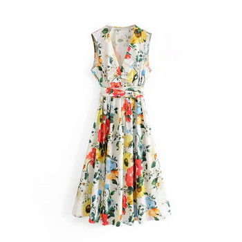 Rochie casual cu decolteu in V si legatura in talie cu model floral