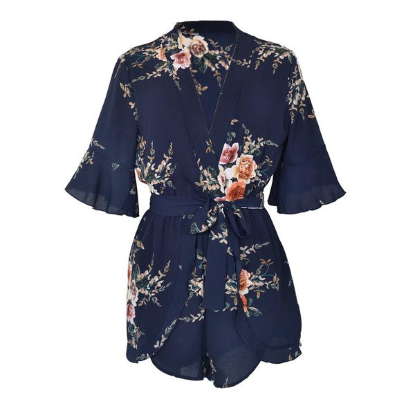Κομψές γυναικείες  ολόσωμες φόρμες με V-neckline με floral σχέδια