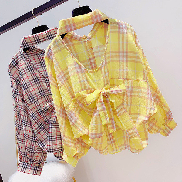 Дамска карирана риза с панделка в два цвята