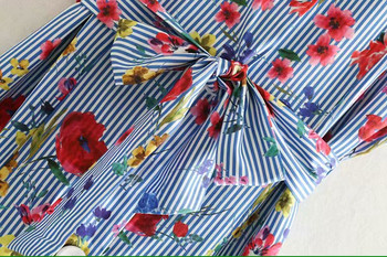 Дамска раирана рокля с презрамки с връзки на талията с флорален десен