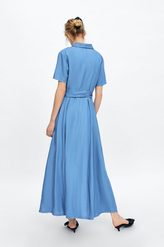 Rochie lungă casual de damă cu mâneci scurte și legături în talie în albastru