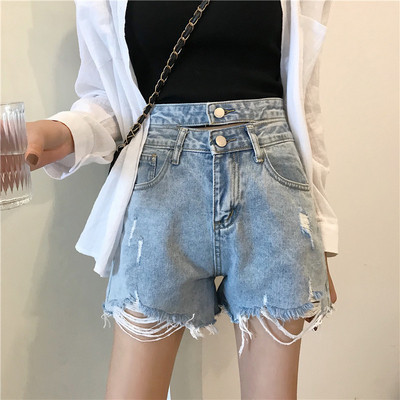 Модерни къси дънкови панталони с двоен колан и скъсани мотиви