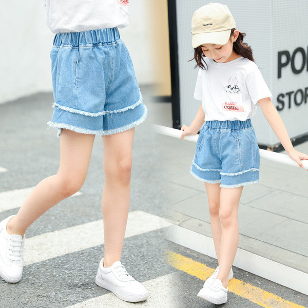 Blugi scurti pentru copii pentru fete - in albastru cu buzunare