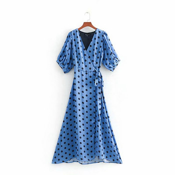 Rochie de damă cu decolteu în V în talie și mâneci 3/4 cu puncte albastre